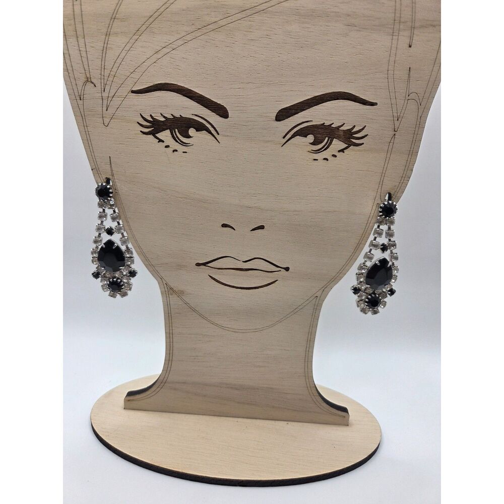 1862. Vintage Silver Tone Rhinestone Black Statement Chandelier Earrings
